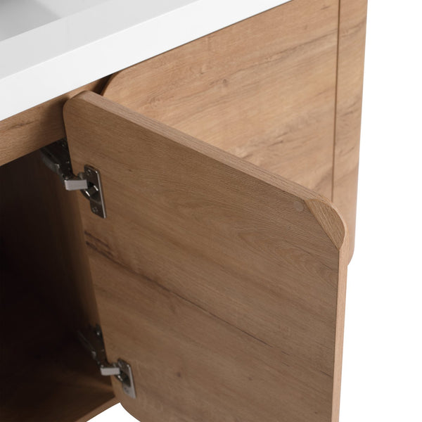 English Elm 48" Floating Bathroom Vanity Dual Ceramic Vessel Sinks Oak Finish Soft Close Doors W999S00507