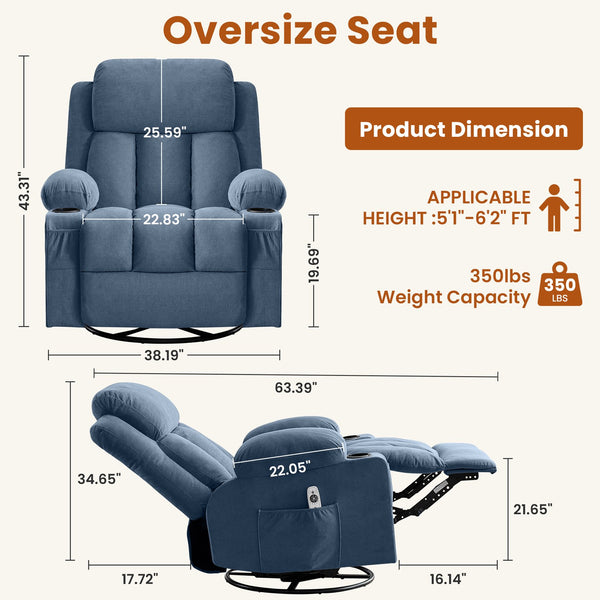 English Elm Swivel Rocker Recliner with Massage Heat and Usb Port for Living Room Comfort W1521P429648