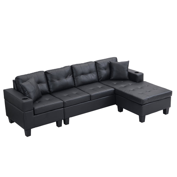 English Elm Sectional Faux Leather L Shape Sofa with Reversible Chaise and Cup Holder Modern W311S00062