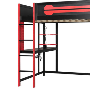 English Elm Full Size Gaming Loft Bed with Rgb Lighting Integrated Desk and Open Wardrobe N820S00073J