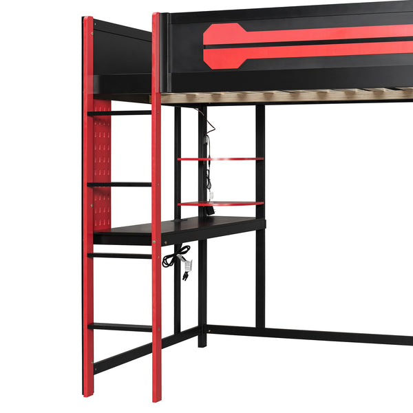 English Elm Full Size Gaming Loft Bed with Rgb Lighting Integrated Desk and Open Wardrobe N820S00073J