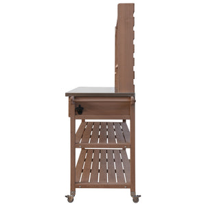 English Elm K&K 64.9" Outdoor Potting Bench with 1.2" Stainless Steel Top, Lockable Wheels, Hutch & Drawers Brown N707P228274Z