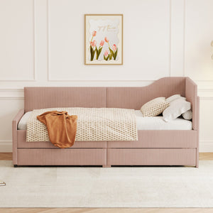 English Elm Twin Size L-Shaped Corduroy Daybed,Upholstered Bed Frame With 2 Storage Drawers,Pink