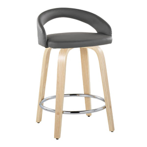 English Elm Fixed-height Swivel Counterstools Natural Wood Frame Grey Faux Leather Chrome Footrest Pair B202S01757