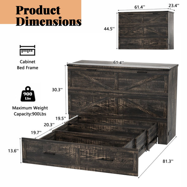 English Elm Queen Murphy Cabinet Bed Rustic Grey Farmhouse Style with Charging Station Storage W5271S00001