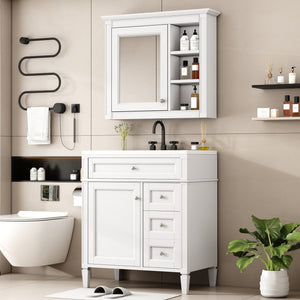 English Elm 30'' Bathroom Vanity Set With Sink, Modern Storage Cabinet, Mirror & 3 Drawers For Efficient Organization SW000127AAK-3