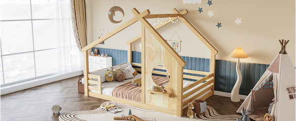English Elm Twin House Bed Low Profile Pine Wood Frame with Shelf Montessori Kids Floor Sleeping Natural W5305P429645