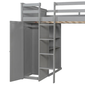 English Elm Full Twin Loft Bed with Desk Wardrobe Shelves Pine Wood Frame Kids Bedroom Gray LT000821AAE-1