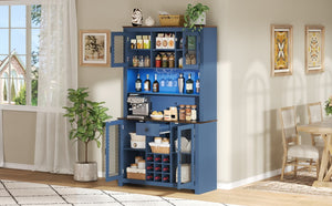 English Elm 70.9" Farmhouse Hutch Pantry with Led Lighting Wine Rack Mesh Doors and Built-in Power Navy Blue CH361426AAL
