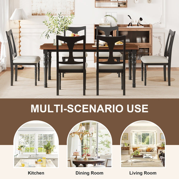 English Elm 7-Piece Extendable Dining Set with Removable Leaf and 6 Upholstered Chairs, Solid Rubberwood Legs, Seats 6 Black+Brown N752S000030B