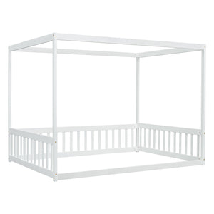 English Elm Full Full Size Canopy Frame Rubber Wood Floor Bed with Fence Guardrails White – Imaginative Kids Retreat, 400 lb Capacity, Malaysian Craftsmanship W504P364861