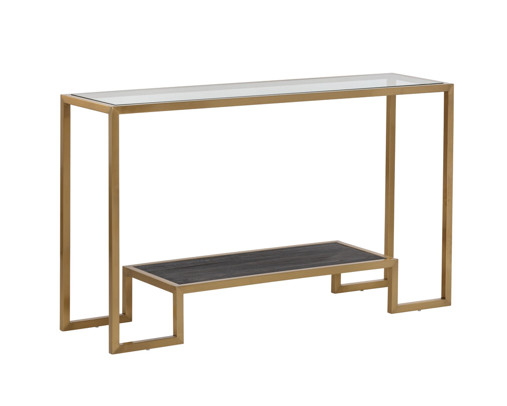 Sunpan Carver Console Table - Mid-Century Modern Design with Glass Top, Solid Elm Shelf & Gold Frame Elegance