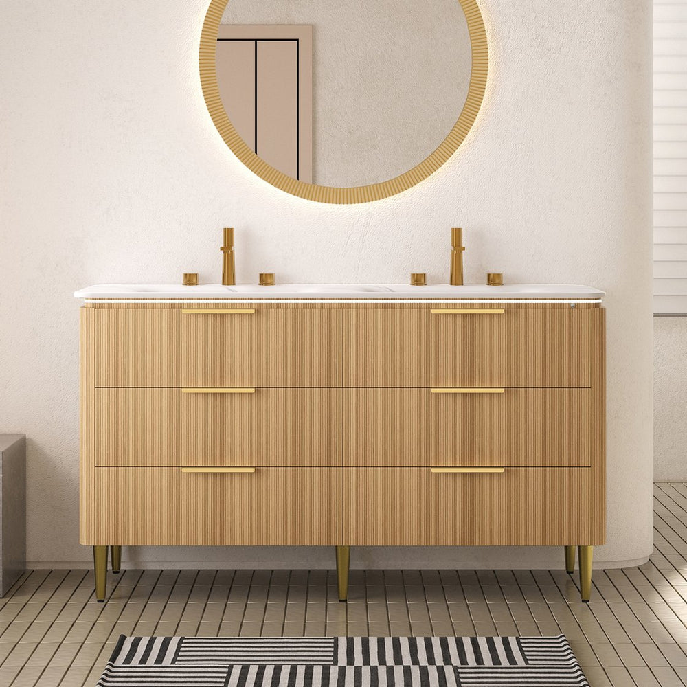English Elm AMARA 60" Bathroom Vanity with Integrated Sintered Stone Basin, Preassembled Plywood Cabinet with Motion-Activated Light and Soft-Close Drawers Carrara White,Light Oak W2615P346341
