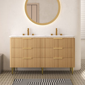 English Elm AMARA 60" Bathroom Vanity with Integrated Sintered Stone Basin, Preassembled Plywood Cabinet with Motion-Activated Light and Soft-Close Drawers Carrara White,Light Oak W2615P346341