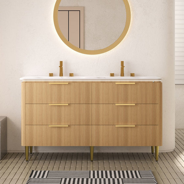 English Elm AMARA 60" Bathroom Vanity with Integrated Sintered Stone Basin, Preassembled Plywood Cabinet with Motion-Activated Light and Soft-Close Drawers Carrara White,Light Oak W2615P346341