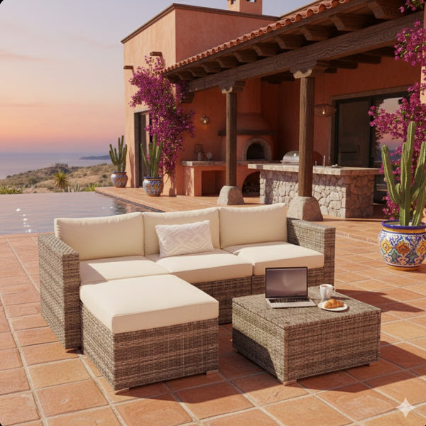 English Elm 5-piece Outdoor Modular Pe Rattan Wicker Patio Set with Tempered Glass Coffee Table Beige B082P455126