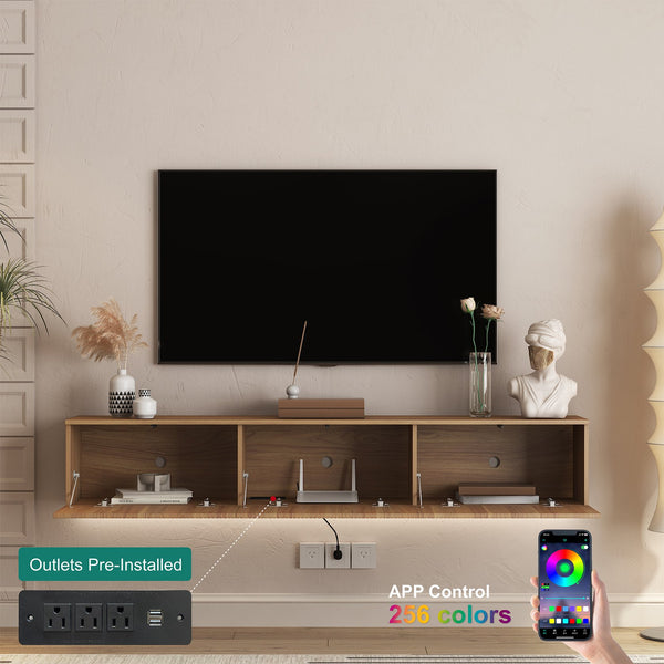 English Elm Floating LED TV Stand Wall Mounted with 16-Color Ambience, Modern Floating Cabinet with Ample Storage for 55–65" TVs Wood 74.8 L x 21.46 W x 5.51 H W1321P301176