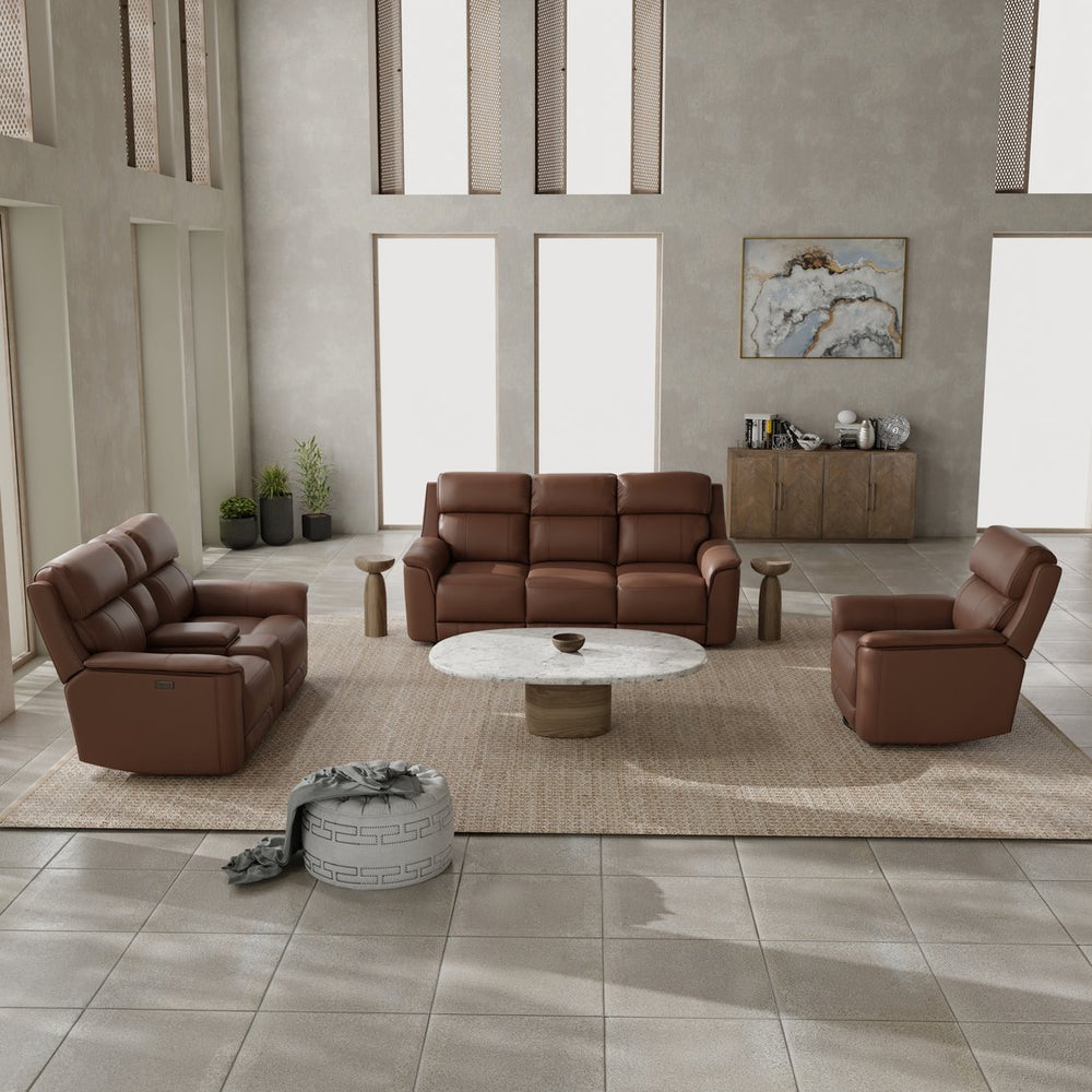 English Elm Oslo Genuine Leather Power Reclining Sofa Set with Usb Charging and Swivel Glider Pecan B339S00005