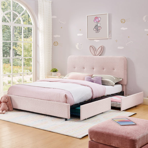 English Elm Full Size Kids Storage Bed Boucle Upholstered Rabbit Ear Headboard with Led Lighting Pink W1413P384923