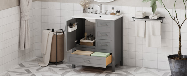 English Elm 30" Gray Bathroom Vanity with Ceramic Sink, Solid Wood Frame, Soft-Close Door & 3 Drawers for Organized Style N729P177787E