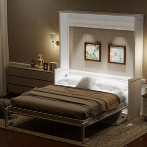 English Elm Queen Murphy Bed with Desk, Built-In LED Lights, USB Charging Ports & Space-Saving Modern Design White N7500004014K