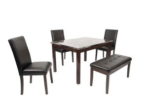 English Elm 5 5-Piece Dining Set with Faux Marble Top, Two-Tone Finish, Upholstered Chairs & Bench for Versatile Spaces B089P390143