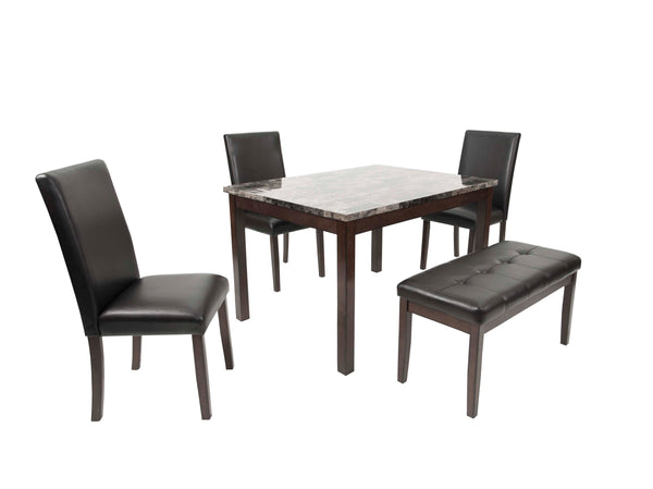 English Elm 5 5-Piece Dining Set with Faux Marble Top, Two-Tone Finish, Upholstered Chairs & Bench for Versatile Spaces B089P390143