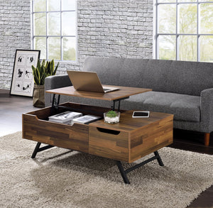 English Elm Throm Walnut Lift-Top Coffee Table with Hidden Storage, Drawer & Metal Legs — Modern Industrial Chic B2726P251273