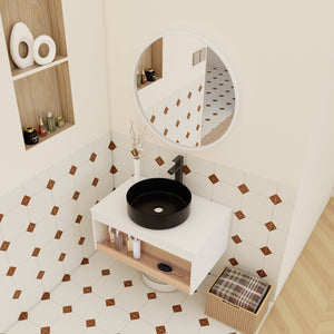English Elm 30" Floating Wall Mount Bathroom Vanity Open Shelf Ceramic Vessel Sink Modern White Black,White + Light Oak W3450S00057