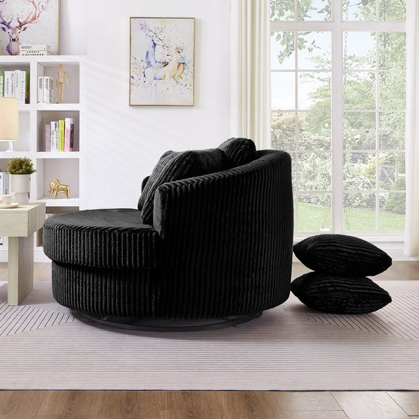 English Elm 360° 360 Swivel Round Lounge Chair Corduroy Upholstered Sculptural Seat with Removable Pillows Black W3705S00036