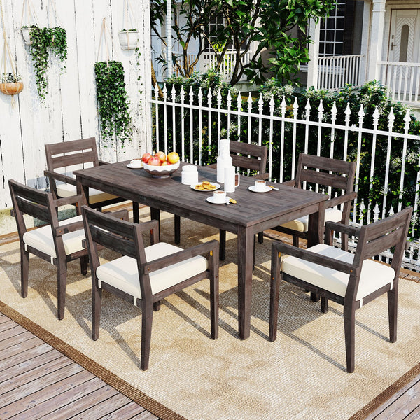 English Elm U_style Solid Acacia Wood Patio Dining Set Six Stackable Chairs Cushions Modern Outdoor Gray WY000459AAE