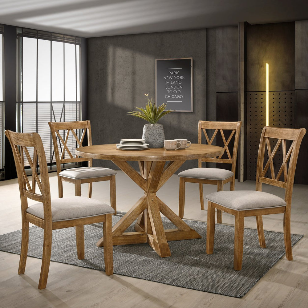 English Elm Windvale Round Farmhouse Dining Set Seats Four with Chenille Chairs Cottage Oak Finish T2574S00011
