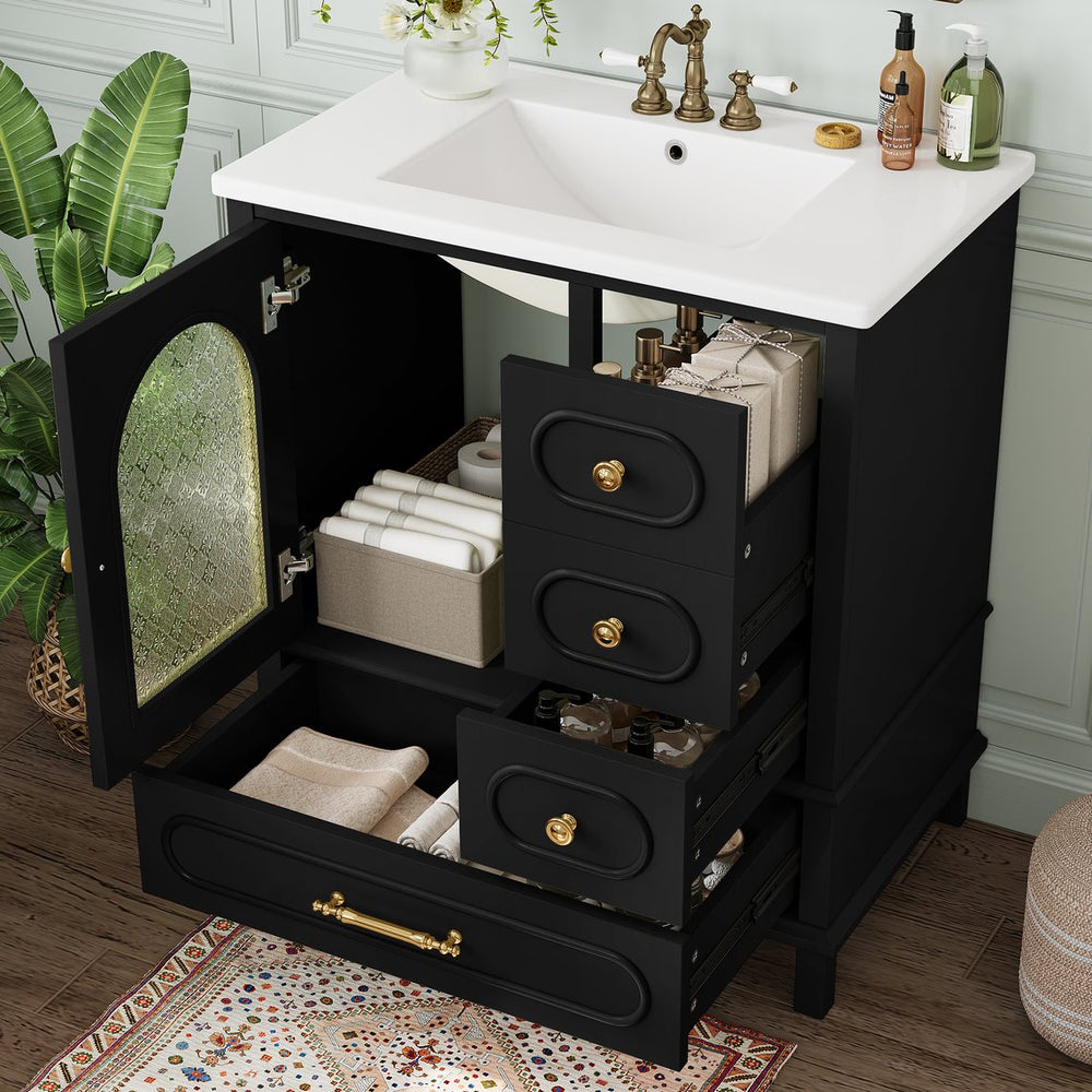 English Elm 30" Freestanding Bathroom Vanity Solid Wood Cabinet Ceramic Basin 3 Drawer Storage Black W1580P382511