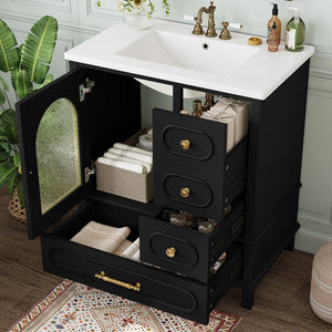 English Elm 30" Freestanding Bathroom Vanity Solid Wood Cabinet Ceramic Basin 3 Drawer Storage Black W1580P382511