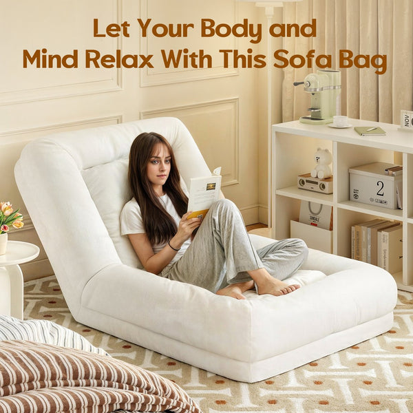 English Elm Bean High-Density Sponge Bean Bag Sofa with Waist Support, Linen White Ergonomic Lounger for Adults T3623P409175