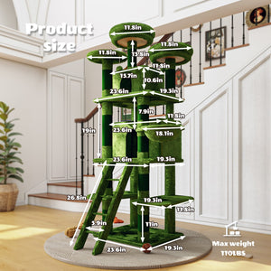 English Elm Large 7 Tier Plush Cat Tree with Dual Condos Hammock Sisal Posts for Multi Cat Homes Green W1578P447622