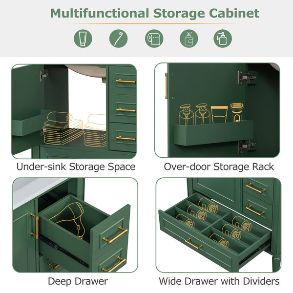 English Elm Traditional 30" Bathroom Vanity with Ceramic Basin, Soft-Close Door & Drawers, Gold Handles, Durable Wood Finish Green N729P184479F