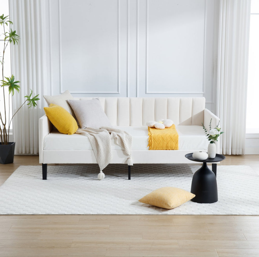 English Elm Elena Twin Size Beige Velvet Daybed with Ribbed Tufted Backrest, Foam Comfort, 400lb Capacity B083P152010