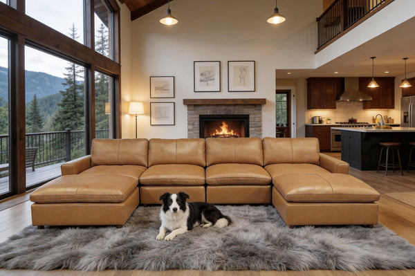 English Elm Leather Match Upholstered Modular Sectional for Spacious Open Plan Living Rooms Ginger B2748S00163