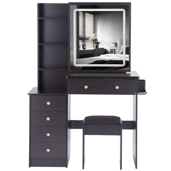 English Elm 37" Vanity Table Set with Led Mirror Stool Built-in Outlets and Hair Dryer Storage Black W3258P448844