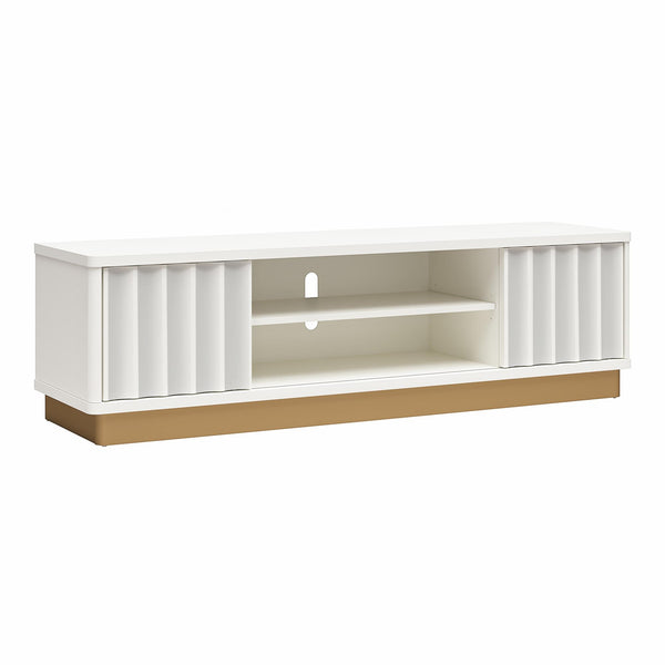 English Elm Rene Glossy White Scalloped TV Stand with Sliding Doors & Gold Base for TVs up to 65" — Chic Organizer B2733P395076