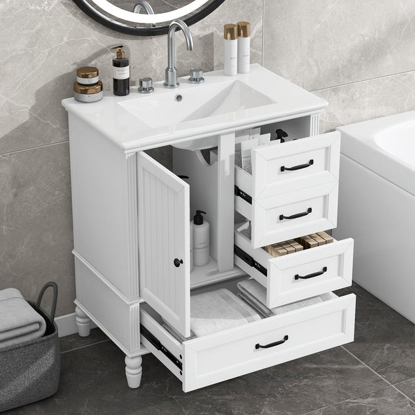 English Elm Christopher Knight Home® - 30" Bathroom Vanity with Ceramic Sink, Acacia & MDF Cabinet, Soft-Close Door & Drawers White N759P346895K
