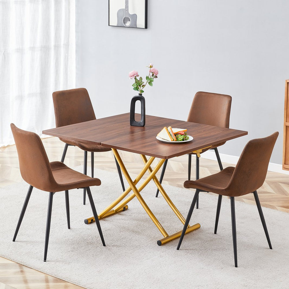 English Elm Table and Chair Set Adjustable Height Wood Grain Top Gold Legs Four Cushioned Seats W1151S04343