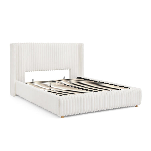 English Elm Queen Storage Bed Plush Ribbed Rabbit Fur Upholstery Gas Lift Platform Modern Luxury W1413S00181