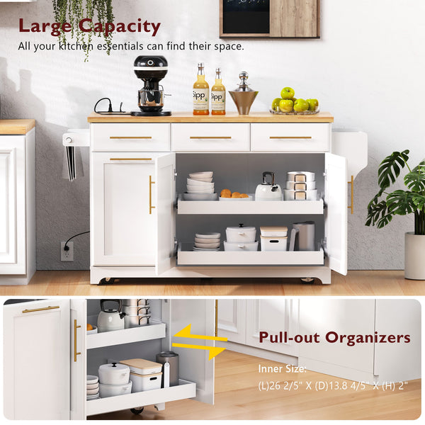 English Elm K&k Rolling Kitchen Island Rubber Wood Top Brass Hardware Built-in Outlets Storage White N707S299014W