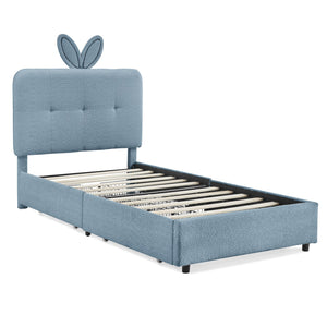 English Elm Twin Kids Boucle Upholstered Bed Rabbit Ear Headboard Led Lighting Four Storage Drawers Navy W1413P384922