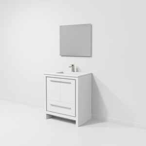 English Elm White Single Bath Vanity 30" W x 20" D with White Quartz Top, Gun Metal Faucet & 28" Mirror — Durable Vanity B2731S02057