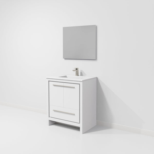 English Elm White Single Bath Vanity 30" W x 20" D with White Quartz Top, Gun Metal Faucet & 28" Mirror — Durable Vanity B2731S02057