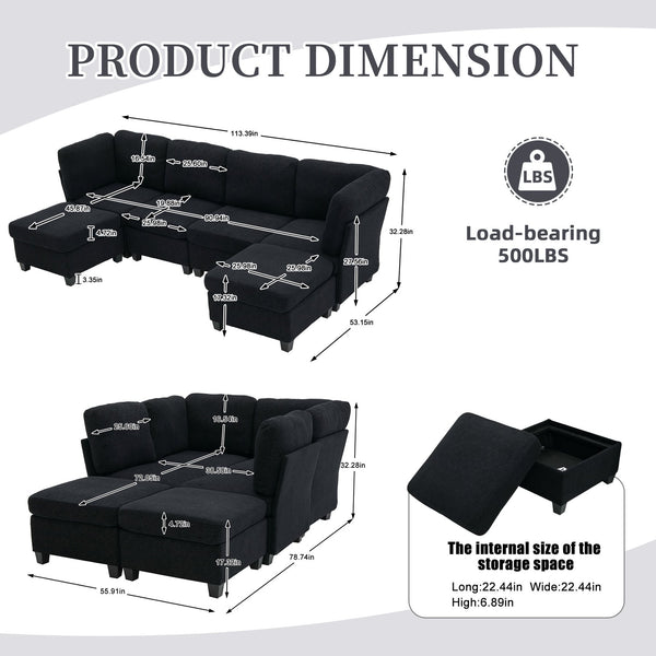 English Elm UNITED Modular 6-Seat Sectional Sofa with Removable Ottoman, Storage Compartments, Convertible Comfort Black W1568S00243