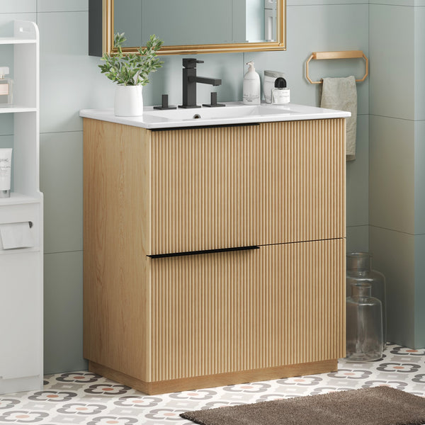 English Elm Christopher Knight Home® - 30" Bathroom Vanity With Ceramic Sink, Soft-Close Drawers & Fluted Natural Finish For Elegant Style N817P295760N
